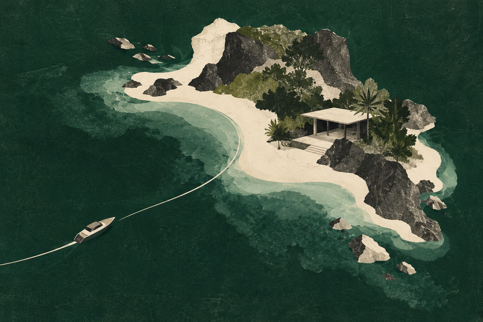 AI concept illustration of an imagined small island with a house, a waterside pavilion and a boat; not a depiction of the named property.