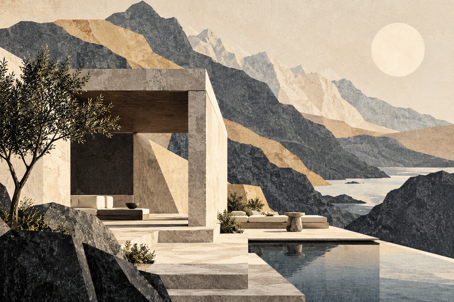 AI concept illustration of an imagined stone pavilion and pool in a mountain setting; not a depiction of the named property.