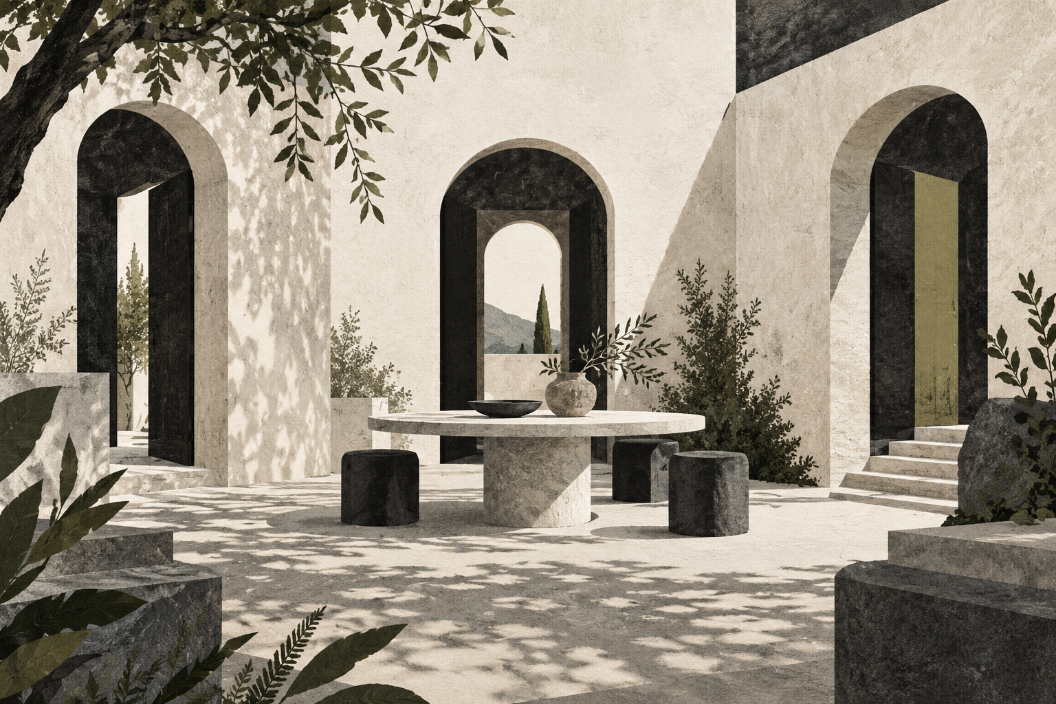 AI concept illustration of an imagined arched courtyard with a table and garden; not a depiction of the named property.