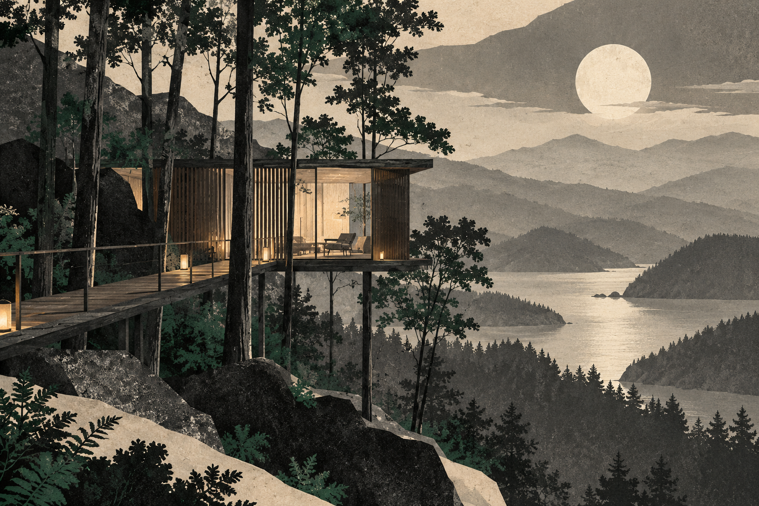AI concept illustration of an imagined forest lodge beside water; not a depiction of the named property.