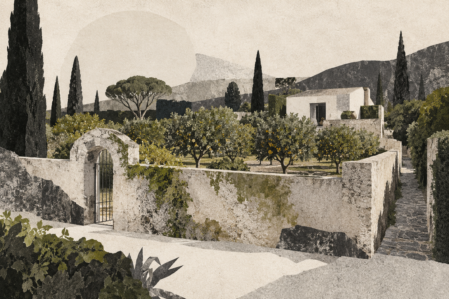 AI concept illustration of an imagined house and walled garden; not a depiction of the named property.